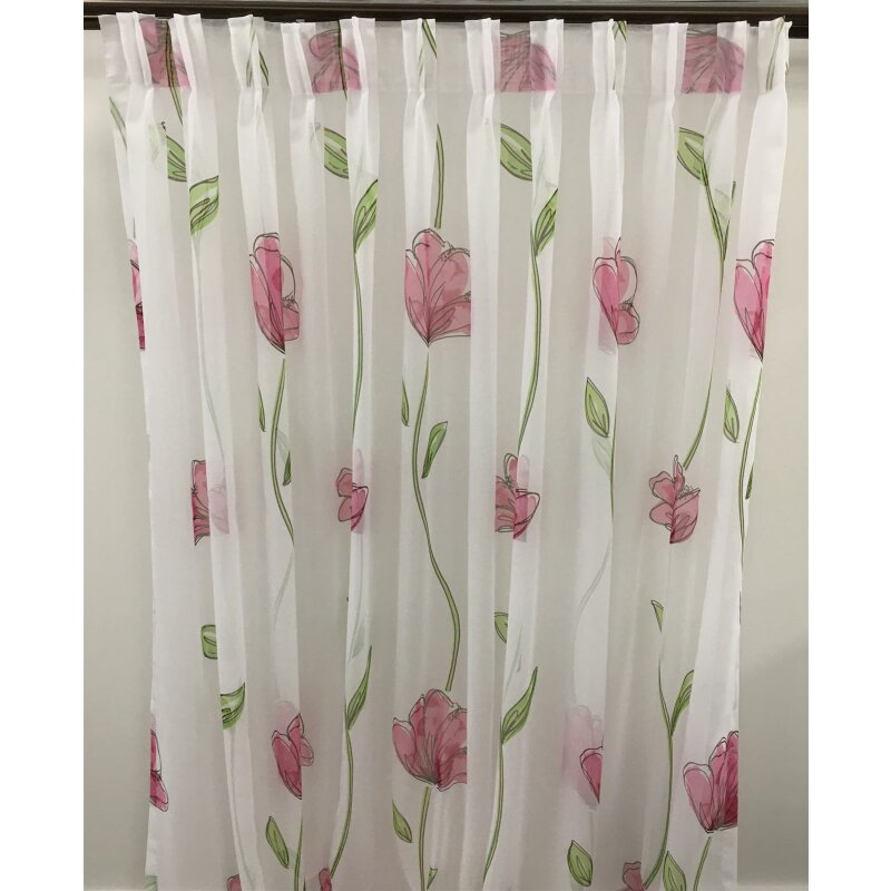 Stores (2 Stück) Gardine tra grün Blumen weiß pink Vorhang