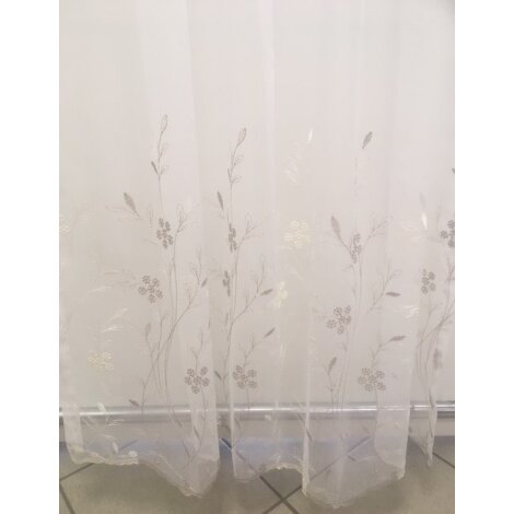 Stores Gardinenstoff Blumen bestickt wei&szlig; braun beige  transparent, Restst&uuml;ck 3,5 m