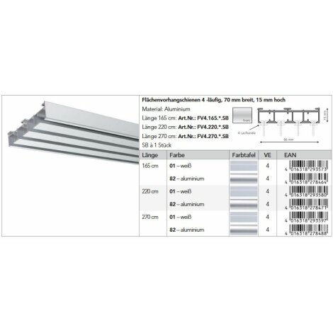 Fl&auml;chenvorhangschiene Aluschiene 4-l&auml;ufig 66 x 15 mm Aluminium silber, div. L&auml;ngen