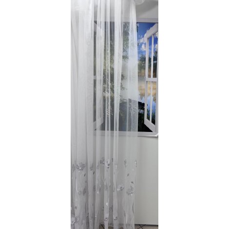 Stores Vorhang Leinenoptik wei&szlig; Blumen grau wei&szlig;  transparent, 280 cm, Meterware